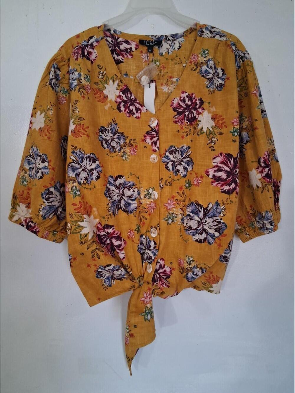 RD + koko Mustard Floral Linen Tie-Front Top Chic Spring Summer Vibes, 2X